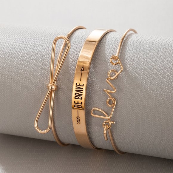 3/$35 3 Pcs Set Gold Plated Stackable Bangle Bracelet Love Bow Jewelry Gift - Picture 4 of 7